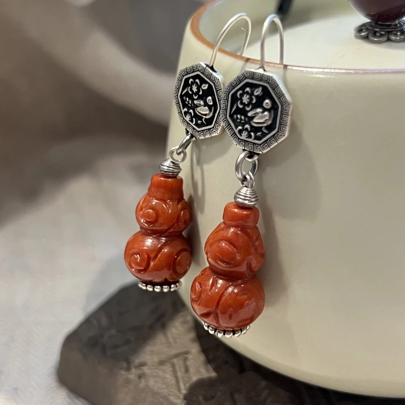 敦煌飞天 925银耳饰 E25398红葫芦八边喜鹊登枝耳钩复古国风