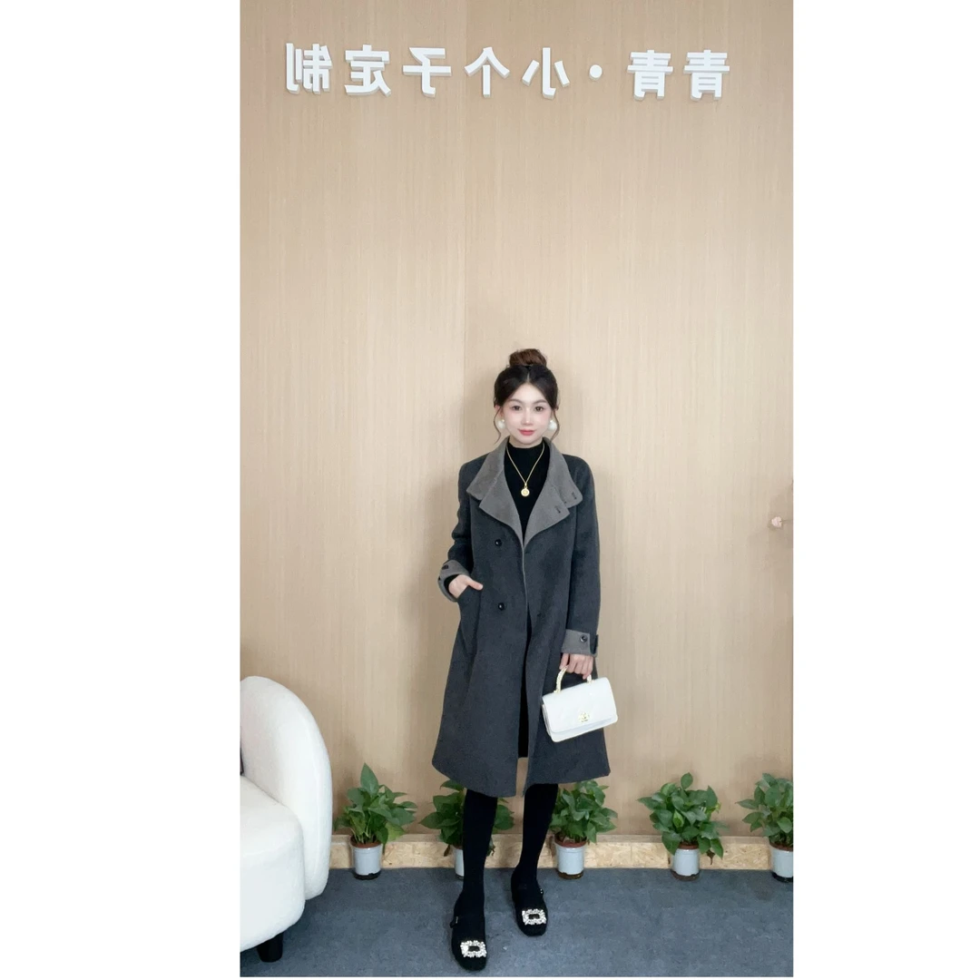 【青青定制】快衣布山羊绒+天丝气质百搭显瘦立领双色羊绒大衣8802