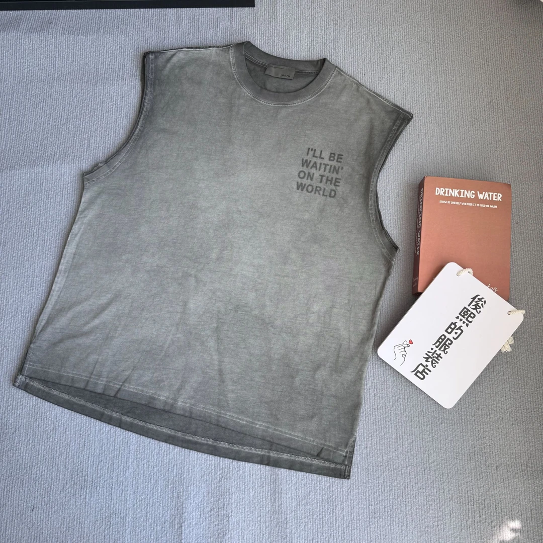 字母宽松型水洗男夏季不对称背心复古上衣男士运动无袖做旧