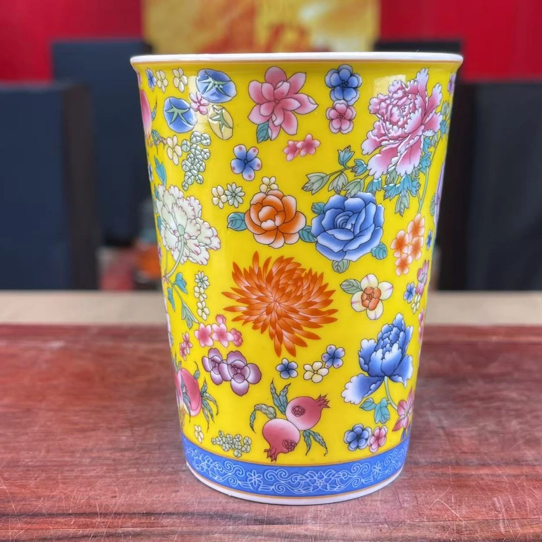 复古陶瓷珐琅彩黄缠枝莲可乐杯主人杯品茗杯茶杯-4551
