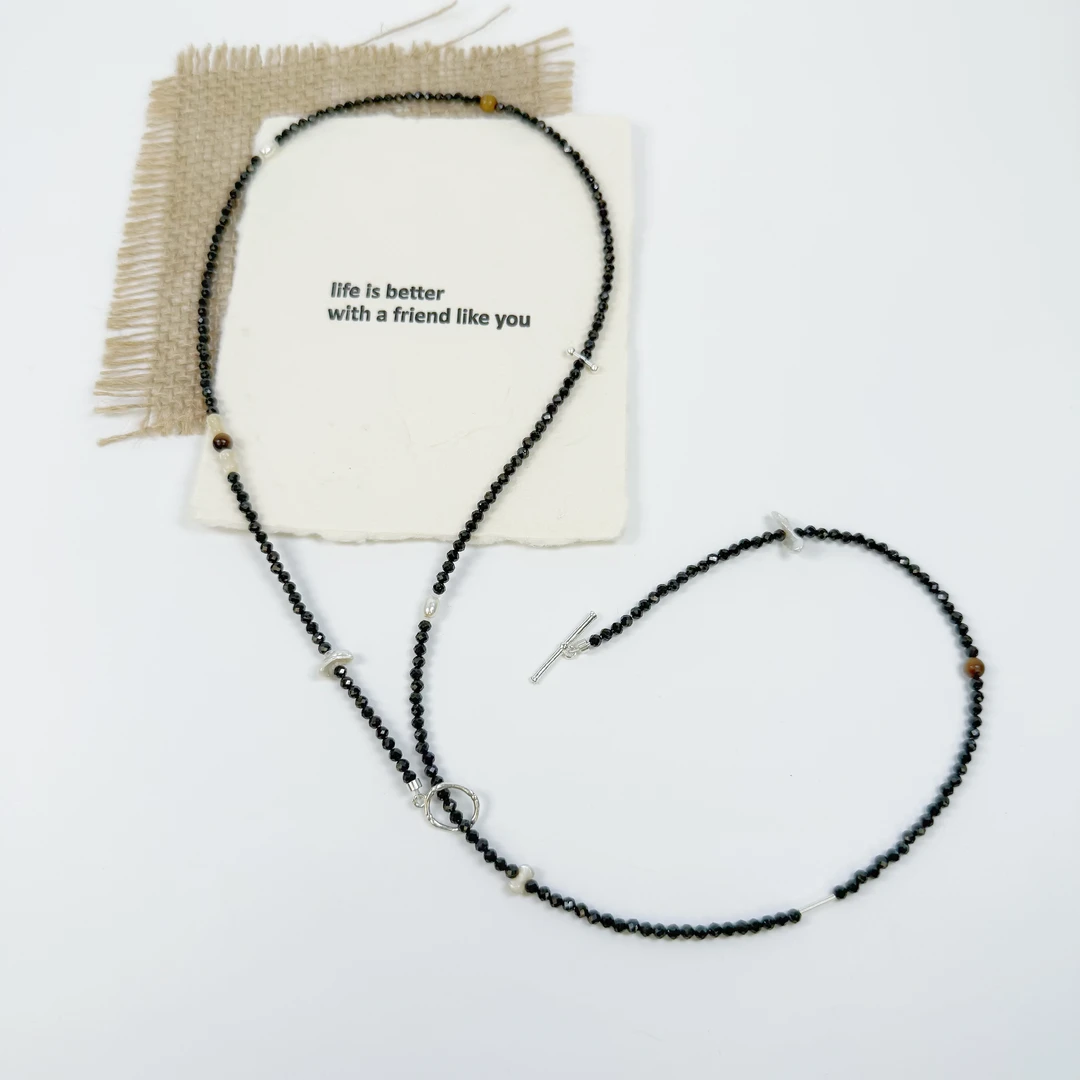 链子925银 小米珠女士白色百搭手工黑色时尚项链颈链可调节长链