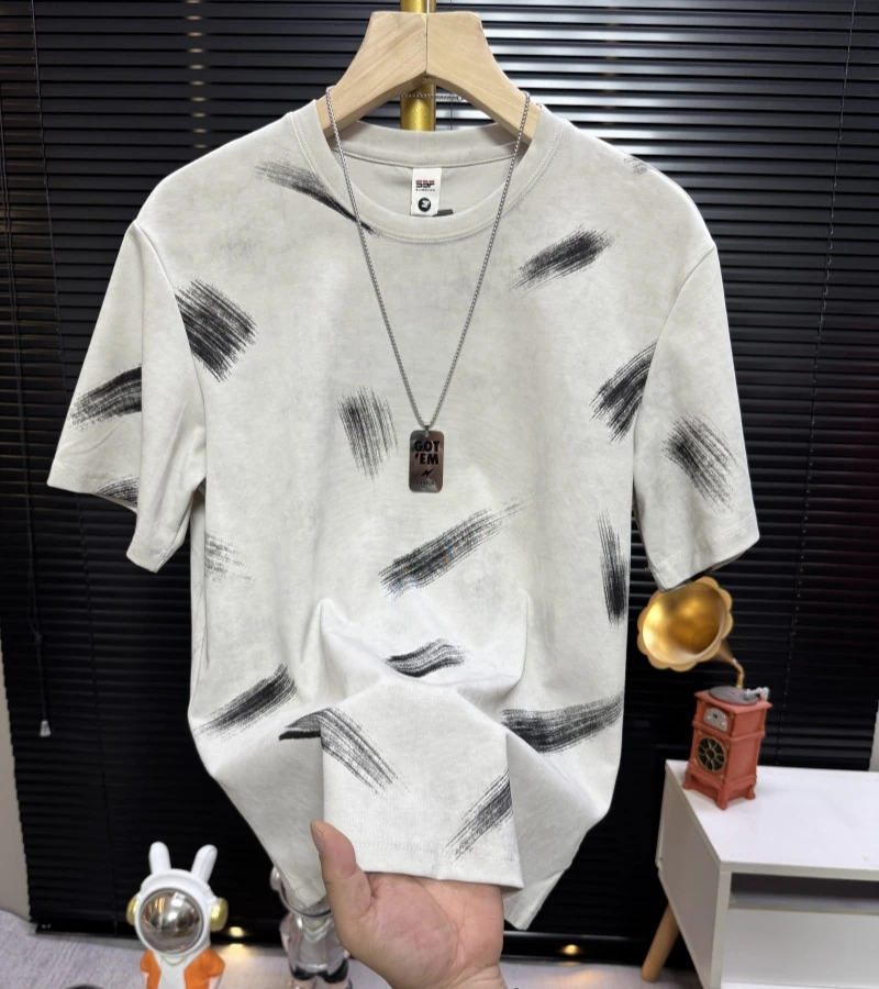 男士2025夏季半袖青年时尚夏季圆领休闲潮流运动印花扎染T恤短袖