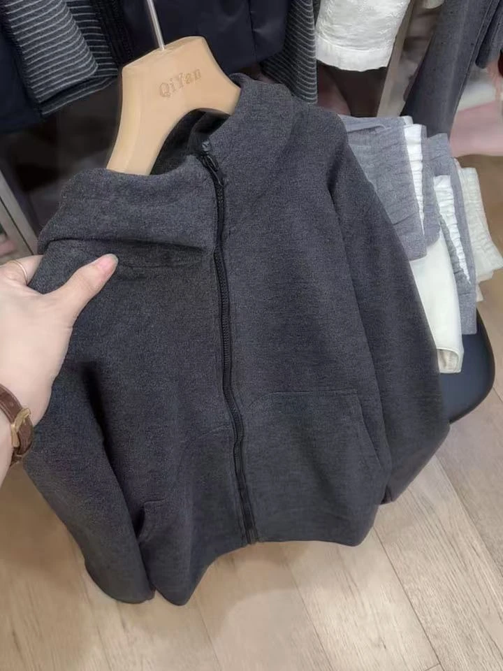 七言家新品！秋冬#墨灰拉链蓄热磨毛绒开衫帽衫