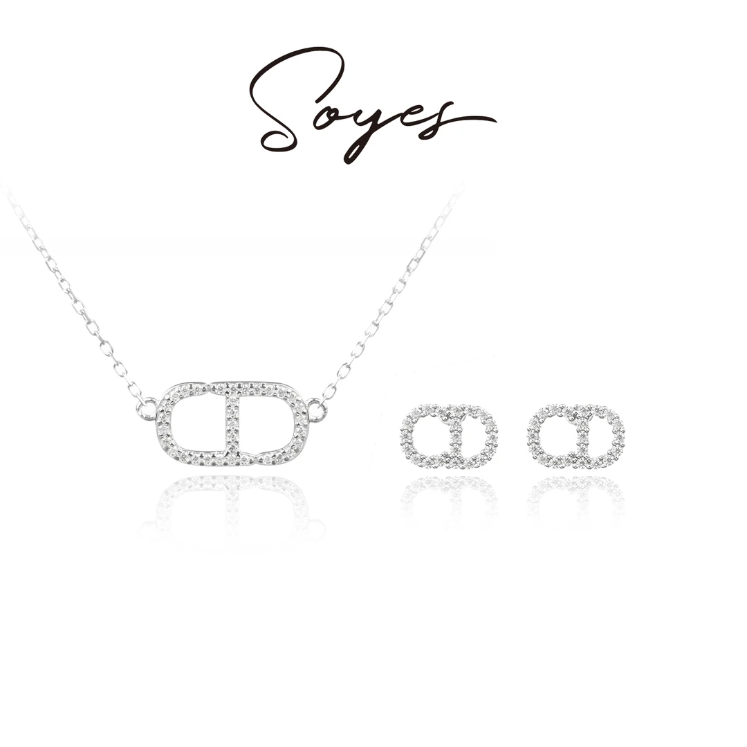 soyes/索野 坠链均925银合成锆石 CD字母猪鼻子项链情侣款超闪