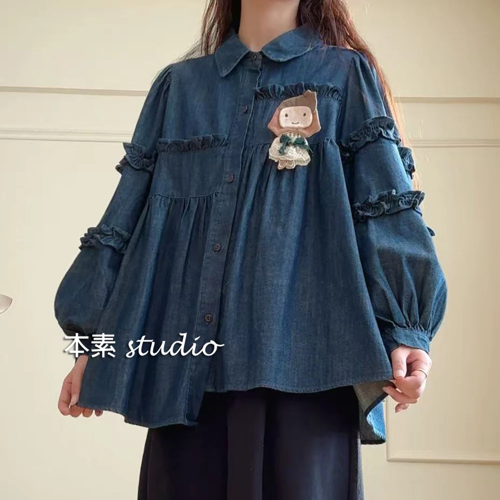 青春Y3089木耳边全开扣翻领牛仔衬衫