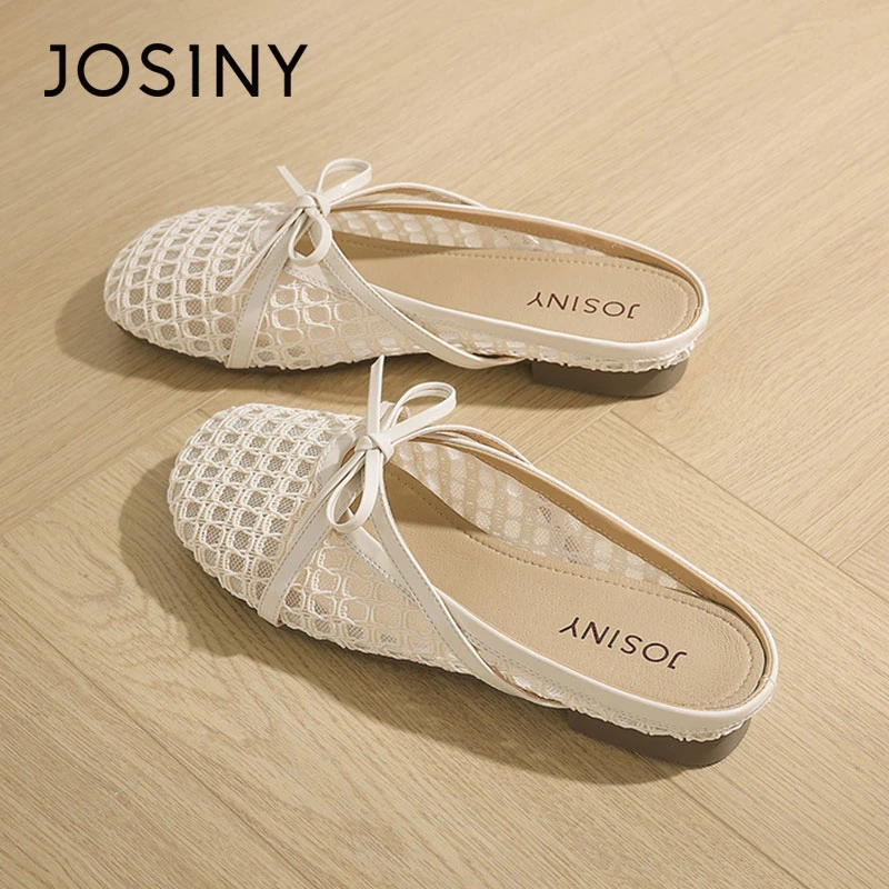 卓诗尼包头拖女外穿2025夏季新款蕾丝镂空透气法式蝴蝶结平底拖鞋