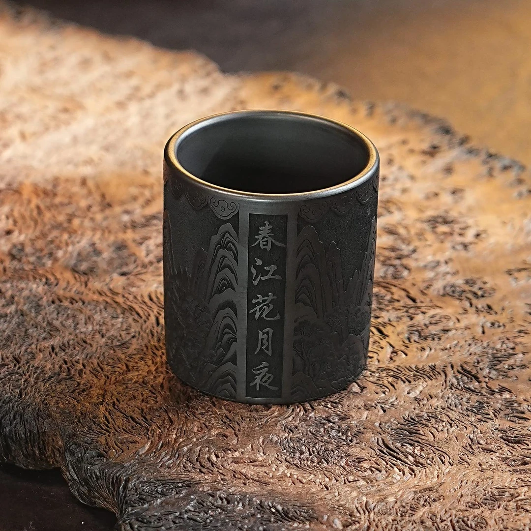 宜兴紫砂茶具 原矿石黄泥料刻绘春江花月夜主人杯品茗杯