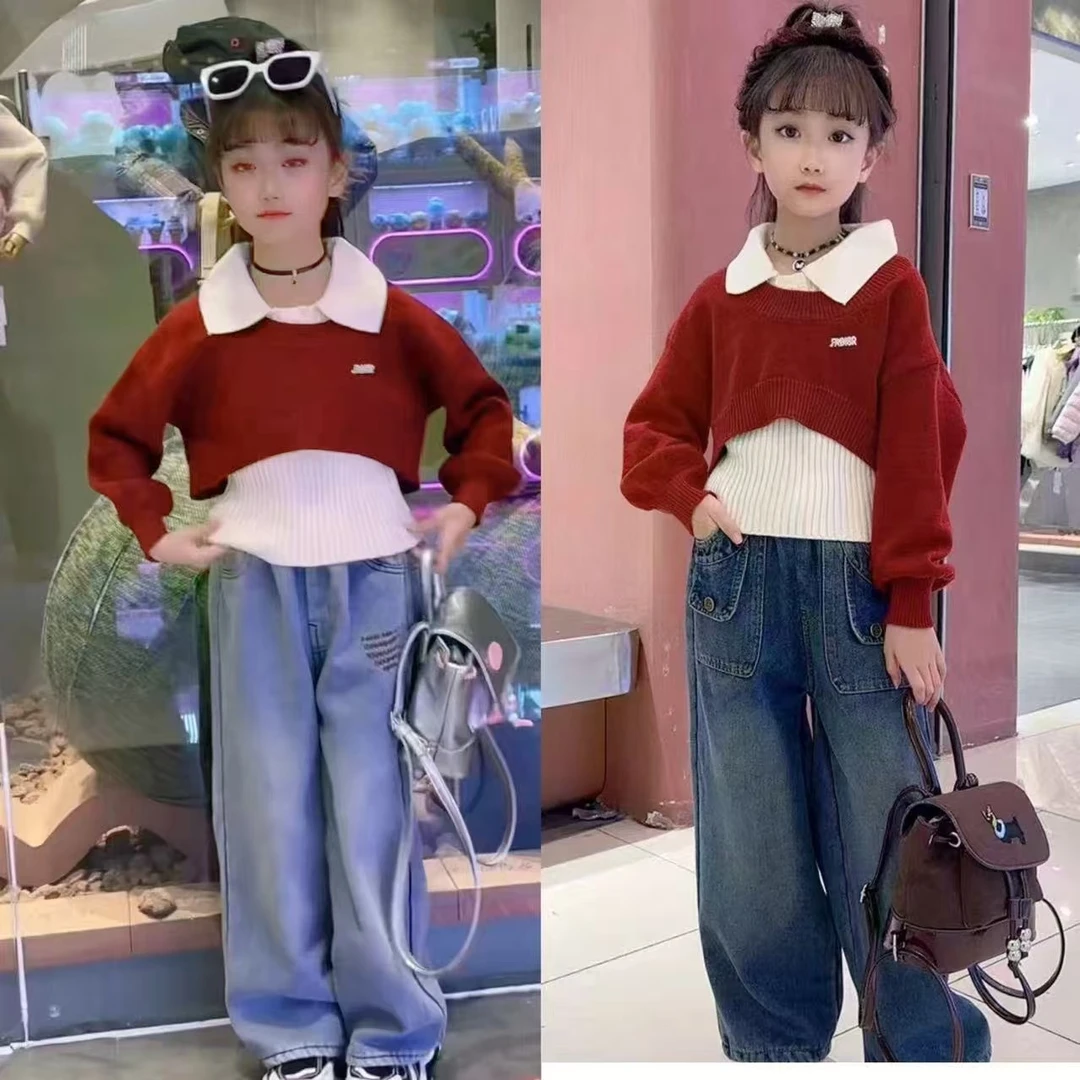 2025新款韩版秋冬女童时髦翻领真两件毛衣加绒牛仔裤弯刀裤套装