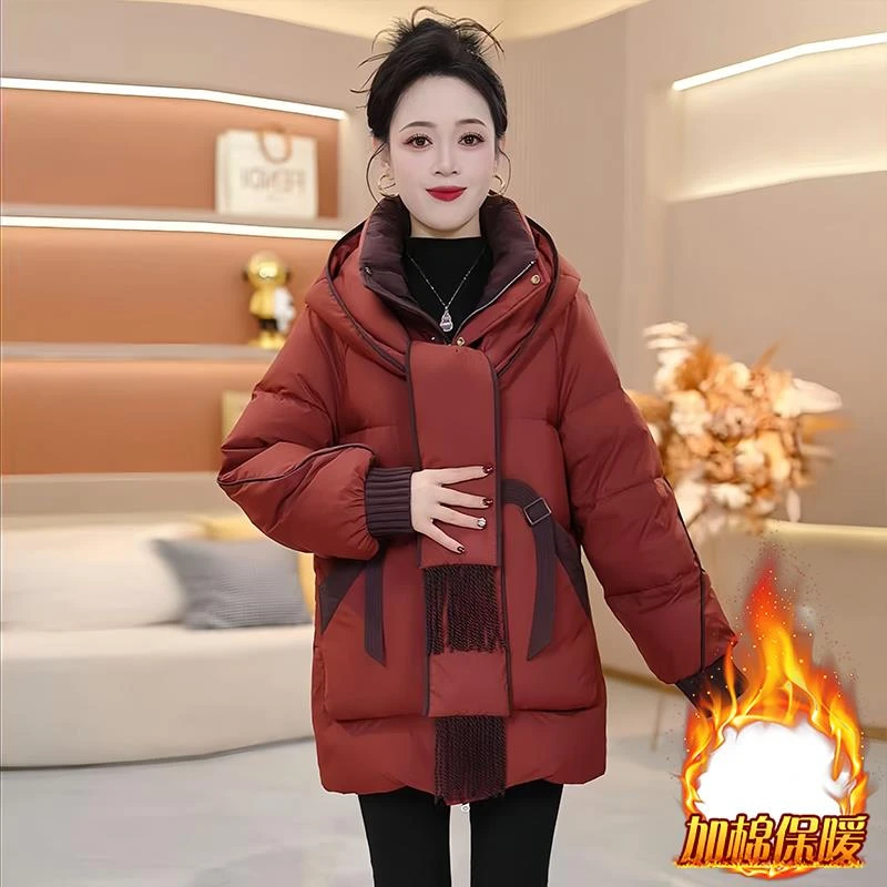 中长款连帽围巾棉服女款2025冬季新款宽松加绒毛衣加厚保暖短外套