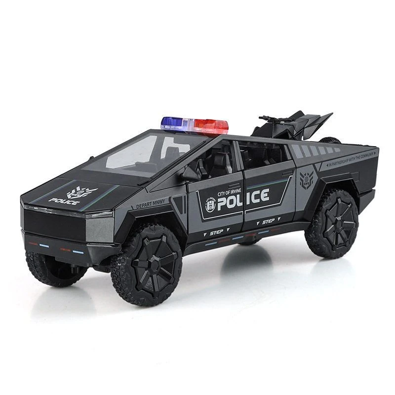 合金1:24特斯皮卡警车模型拉摩托声光开门摆件儿童特警玩具车9696