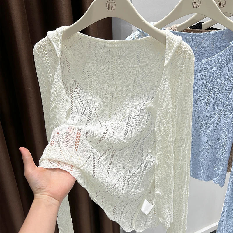 法式白色圆领长袖镂空开衫夏季柔软针织宽松外套薄款外搭空调罩衫