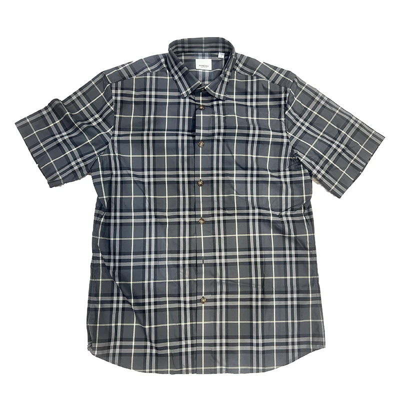 Burberry/博柏利 男士深灰色棉格纹休闲单排扣短袖衬衫 时尚舒适