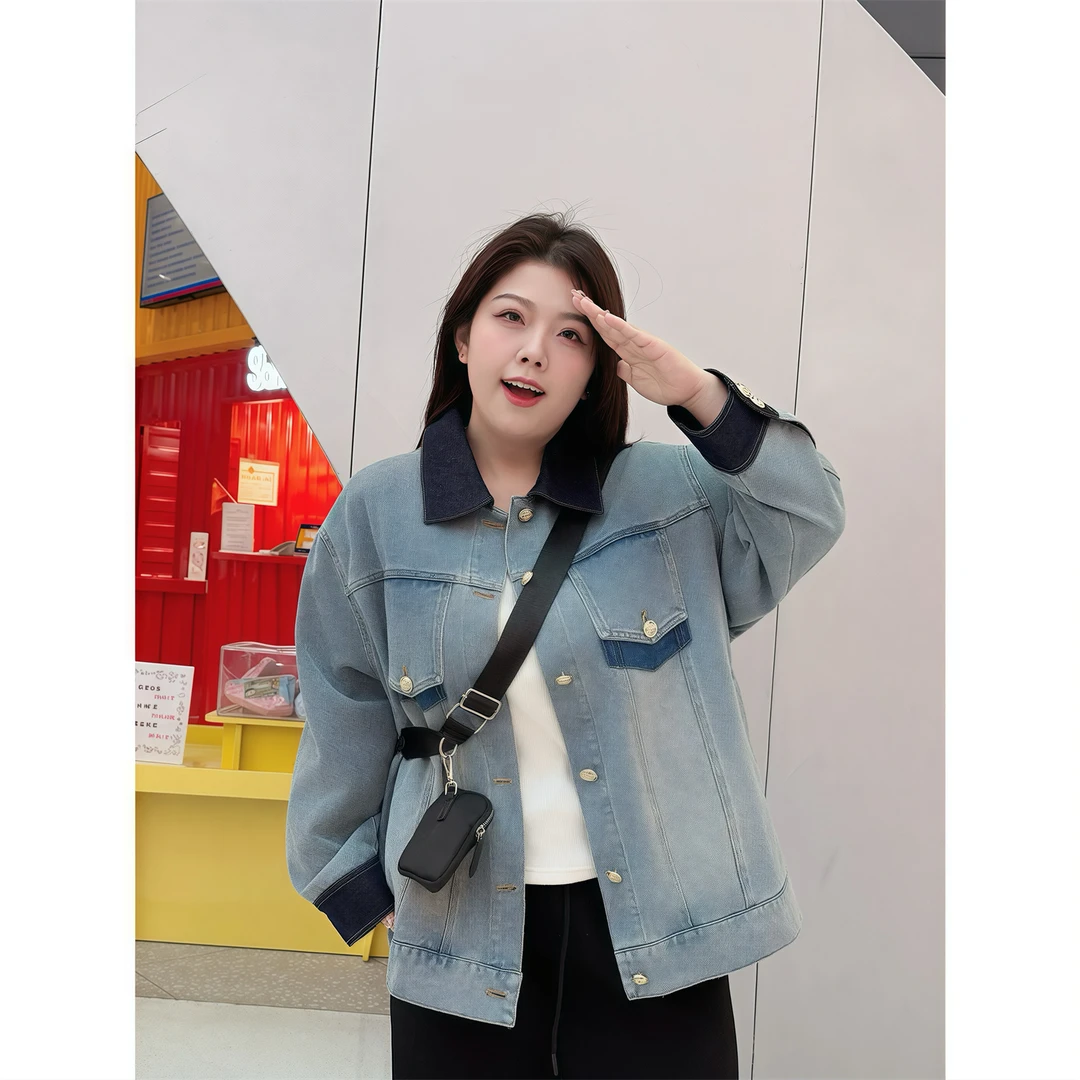 港岛甜茶 / 设计款撞色牛仔外套11400花契200斤胖mm春季休闲时尚1