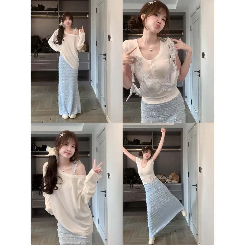 短袖针织t恤打底衫上衣长袖斜肩针织衫花边层次感包臀裙半身长裙