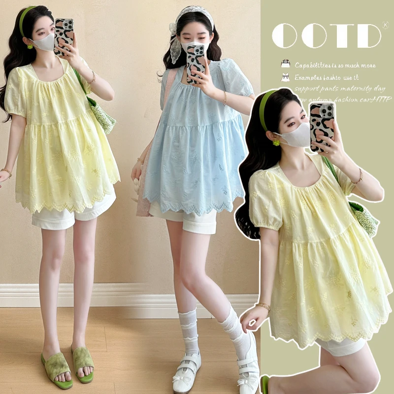 法式衬衫孕妇2025年春夏新款短袖T恤减龄遮肚韩版泡泡袖圆领上衣