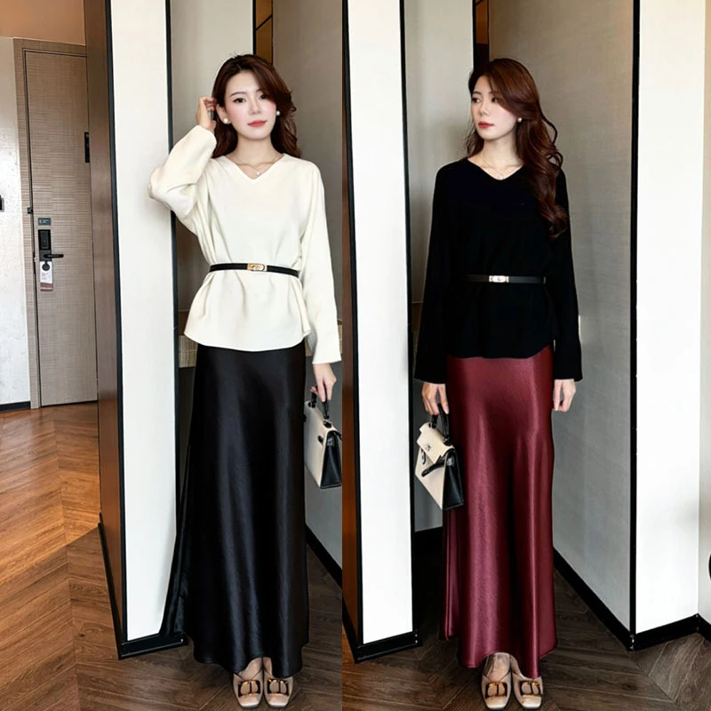 早秋气质时尚V领长袖配腰带针织衫上衣+缎面垂感百搭半身裙套装女