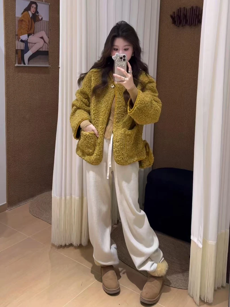 2025秋冬新款韩系气质简约毛毛软糯外套高腰百搭休闲裤两件套装