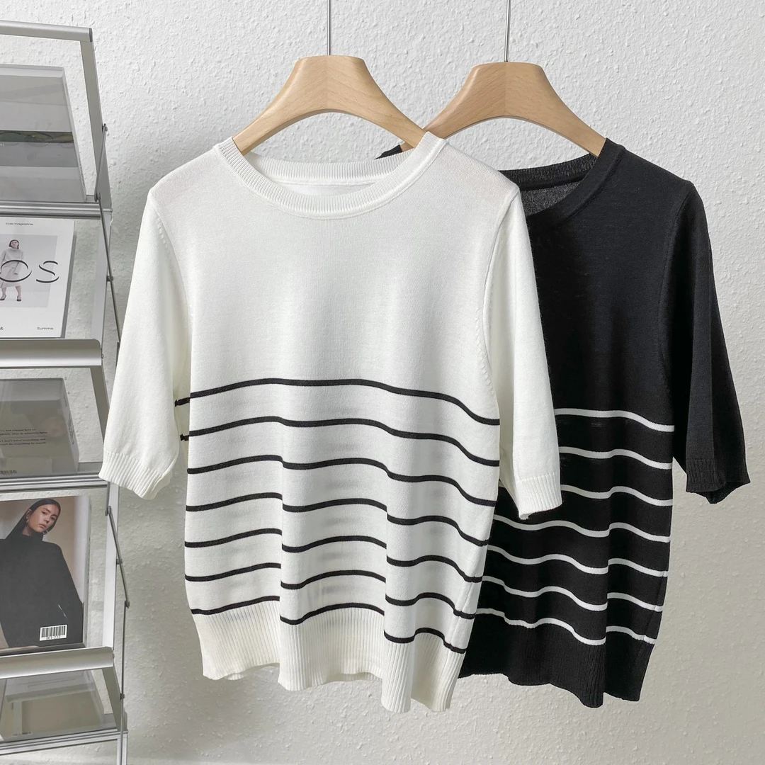 圆领毛衣休闲白色上衣毛针织衫套头春夏短袖T恤中袖打底薄款气质