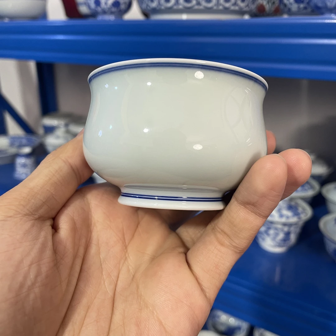 观秋柴窑 素白双线高足炉式杯 口径7.5高度5 满容100cc 手工手绘