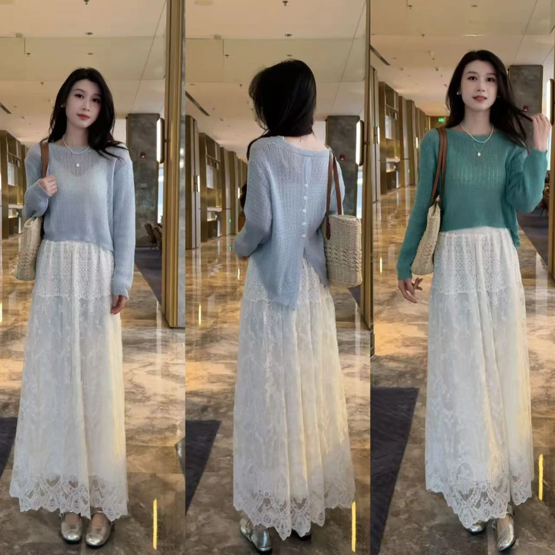 后背纽扣设计感亮丝长袖罩衫上衣+蕾丝半身裙两件套