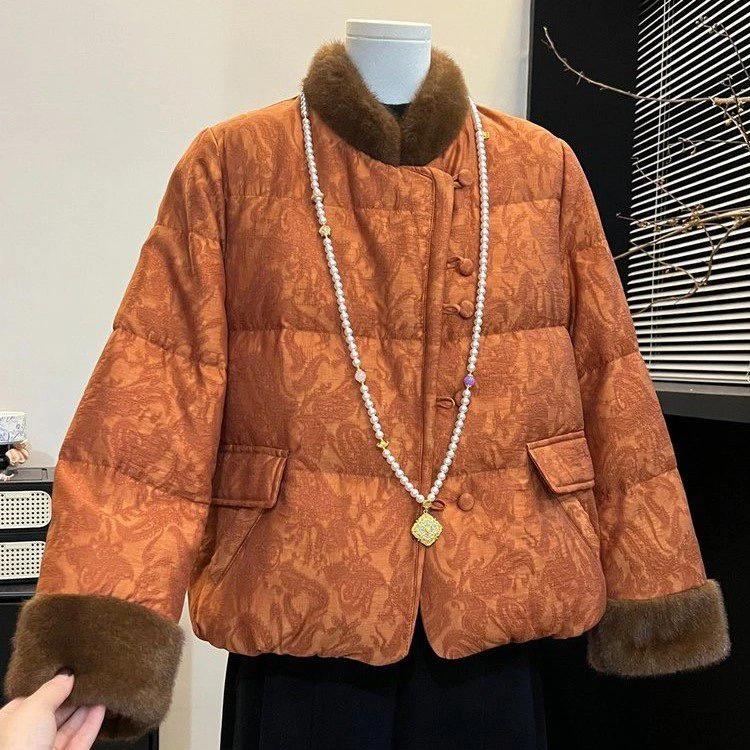 中老年妈妈冬季国风保暖提花鸭绒外套加厚新款女装