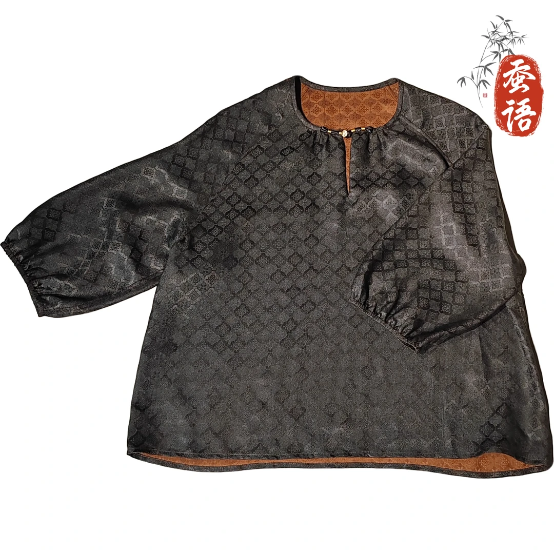 【花罗圆领中袖上衣】桑蚕丝香云纱花罗中袖上衣