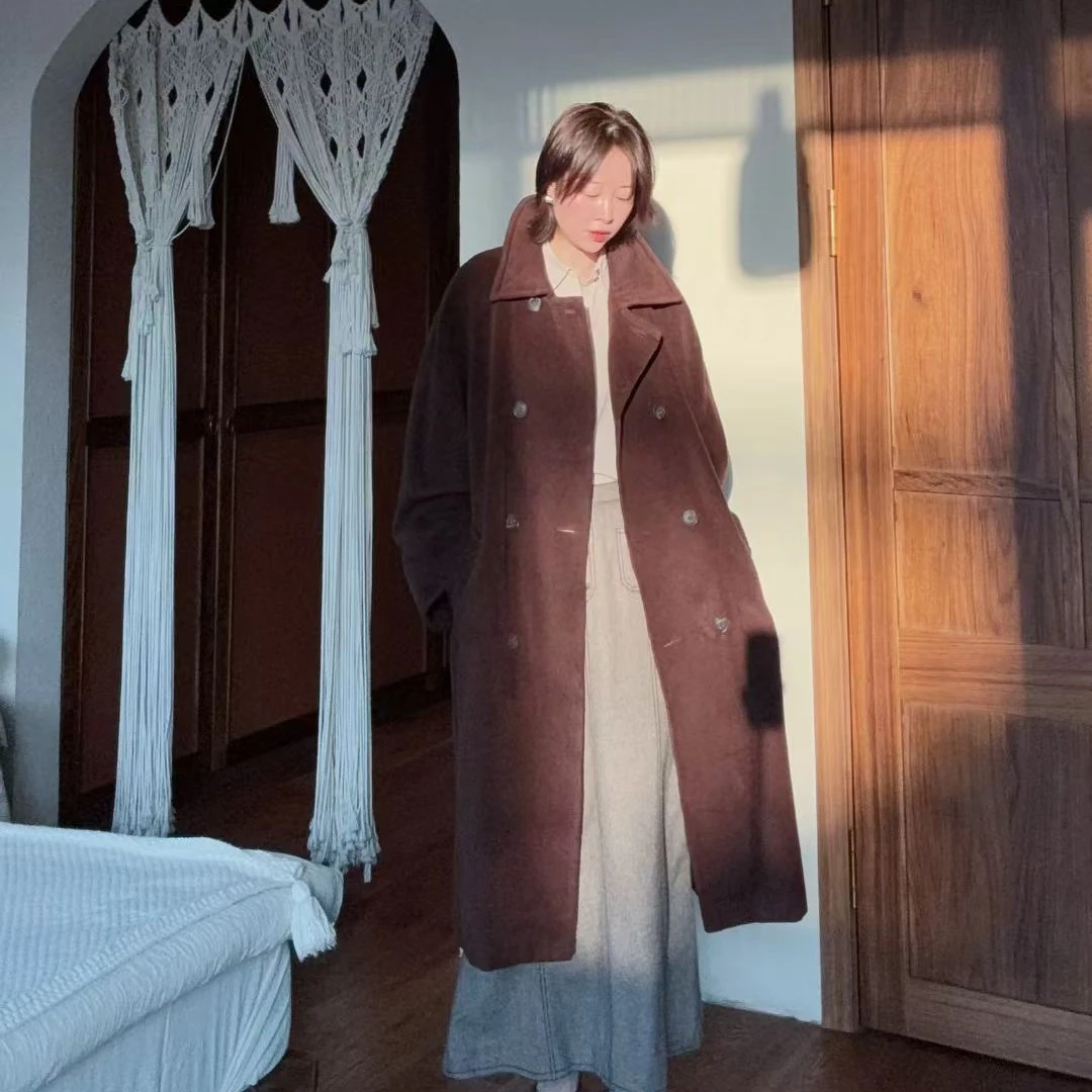 深巧克力色羊毛中长款衣外套
