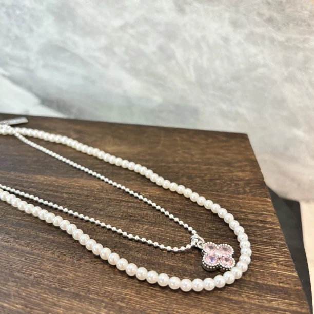 铜合金仿珍珠项链 双层粉花花项链XL2984