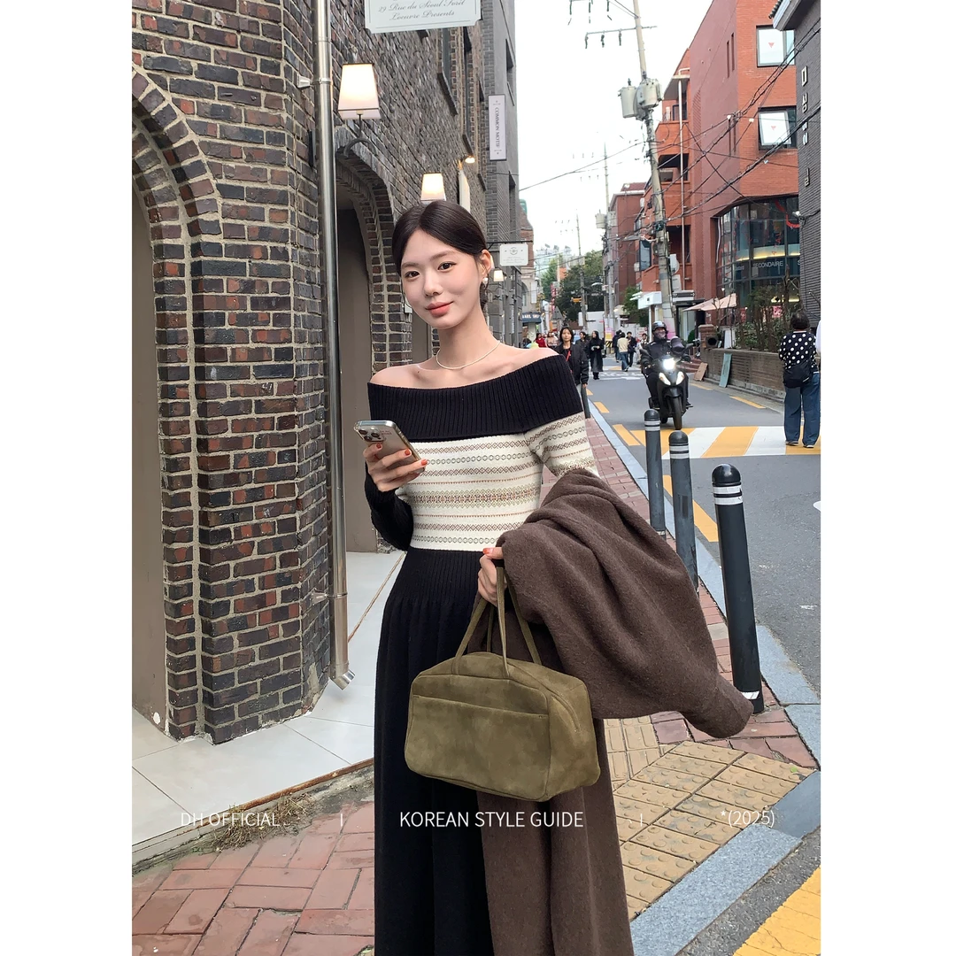 DH 大花【费尔岛梦境】费尔岛针织裙一字肩显瘦秋冬优雅百搭裙子