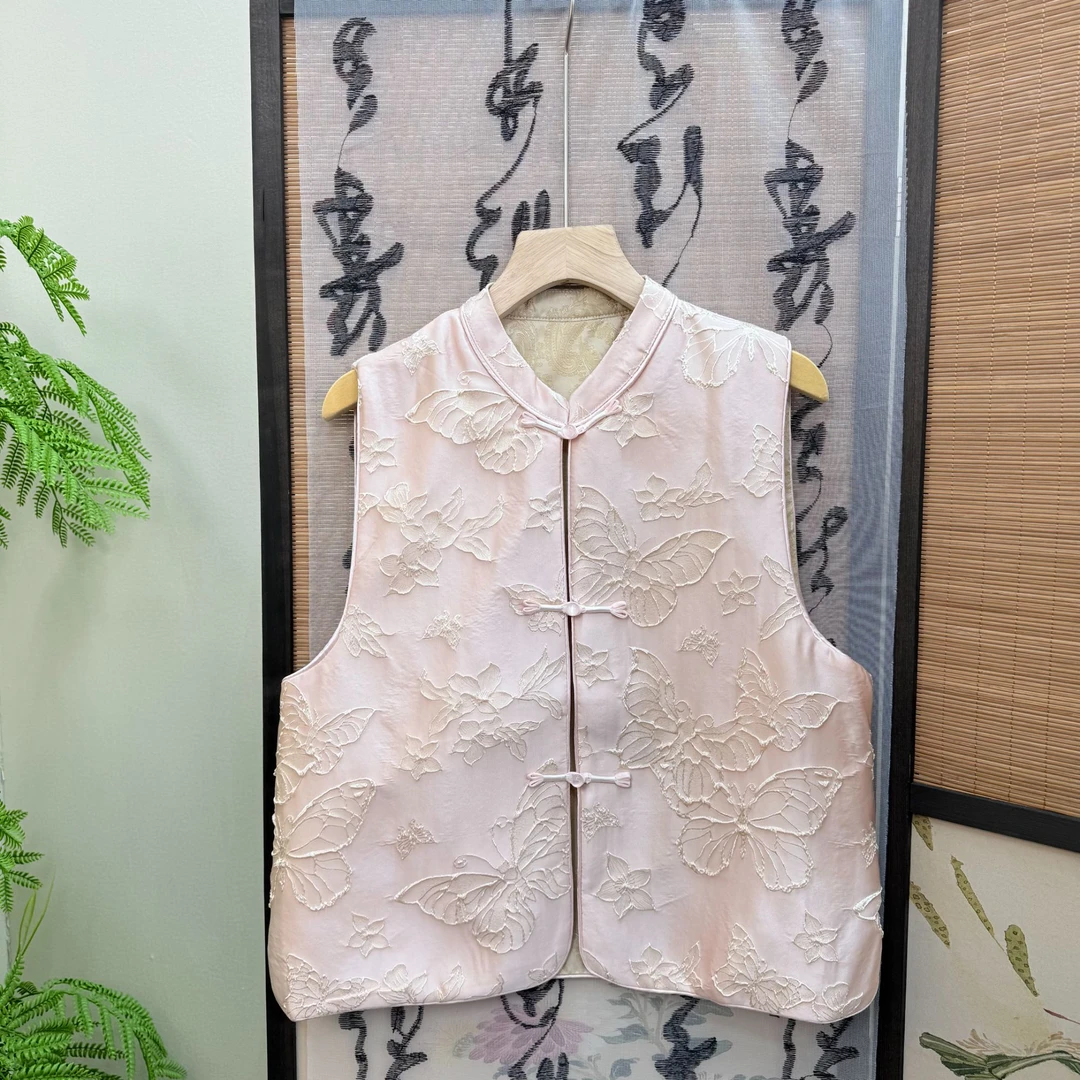 [粉色蝴蝶]马甲碎花新中式复古立领绣花无袖民族风中国风