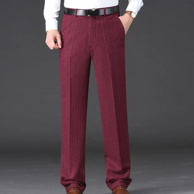 高端男裤2025秋冬中年男士高档毛料酒红色西裤爸爸红色裤子休闲裤