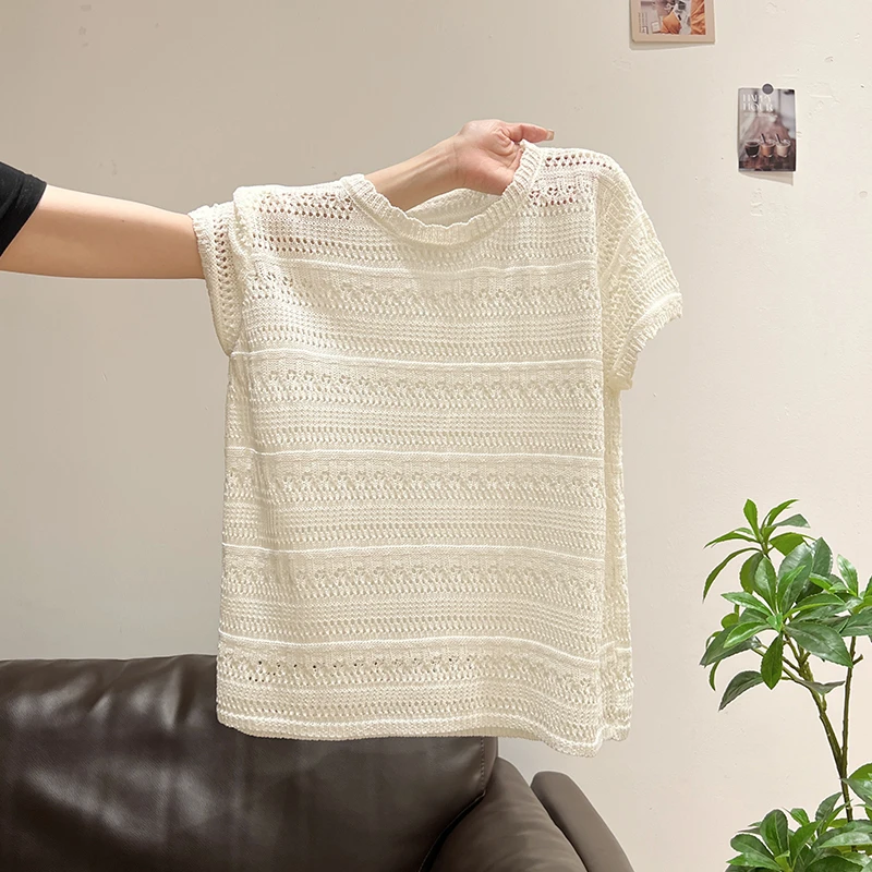 杏色圆领短袖镂空针织T恤女2025年夏季新款宽松休闲薄款百搭上衣
