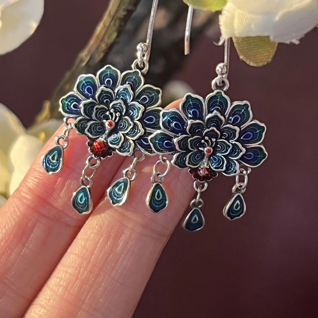 925银耳饰 【佰万银庄】珐琅彩蓝色孔雀耳饰国风古风复古民族风