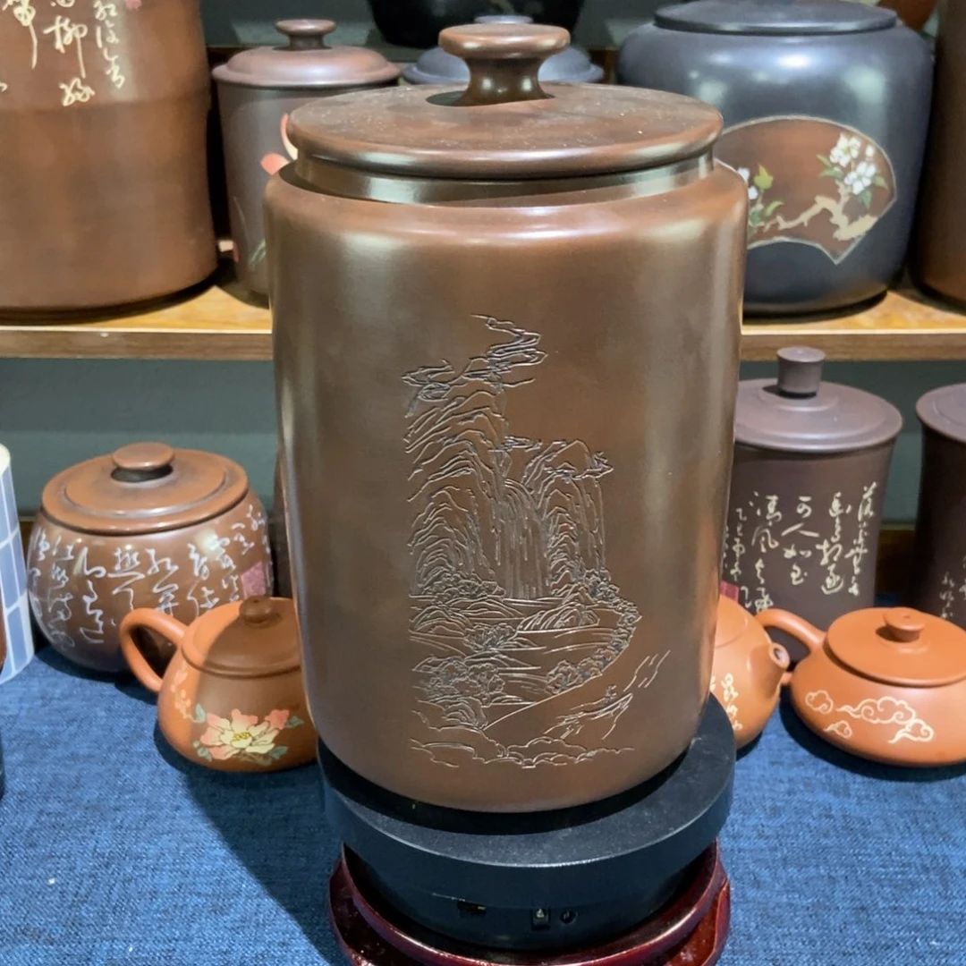 5建水紫陶手工阴刻醒茶罐