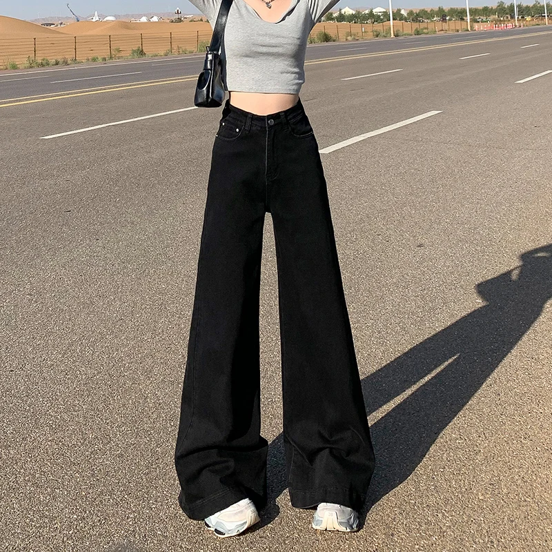 黑色阔腿牛仔裤女春季2025年新款高腰百搭显瘦宽松垂感直筒拖地裤