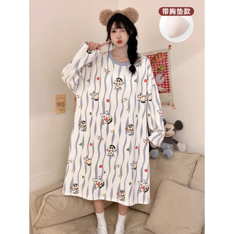 初中生睡裙女款长袖带胸垫秋冬季12岁女孩大童15发育期防凸点睡衣
