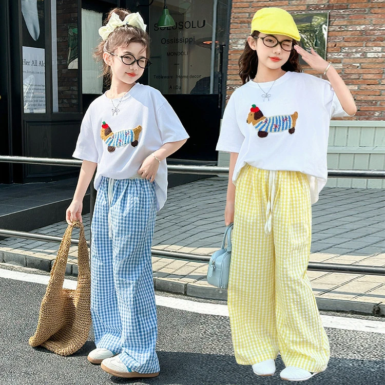 女童夏季腊肠狗短袖T恤格子裤套装中大童女孩时髦儿童夏装6-12岁