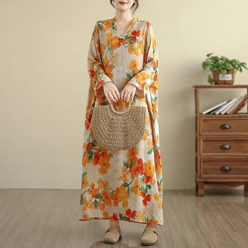 花色度假风小众百搭长袖连衣裙女秋季宽松大码胖mm复古遮肚子长裙