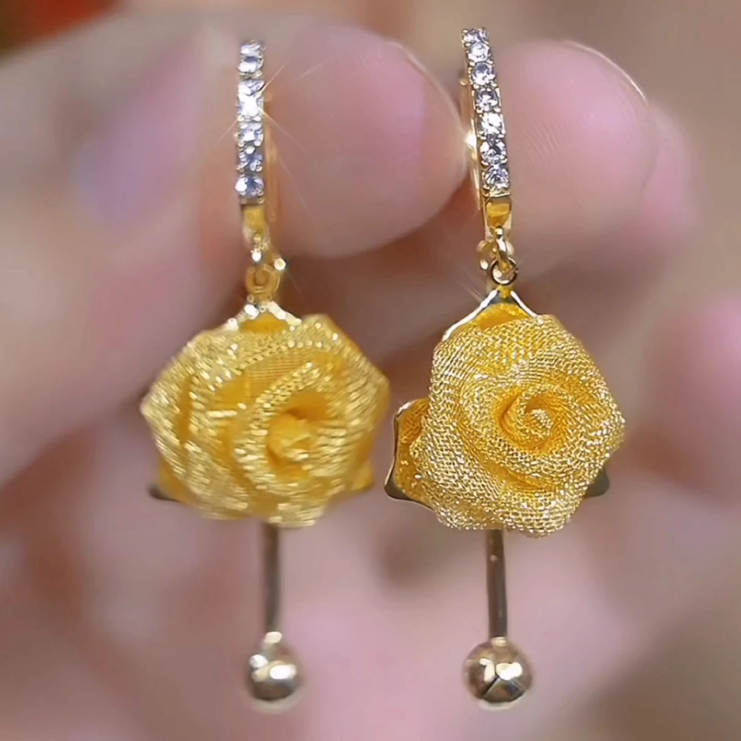 铜合金耳饰 欧美风金色镂空玫瑰花耳扣精致甜美长款山茶花耳坠