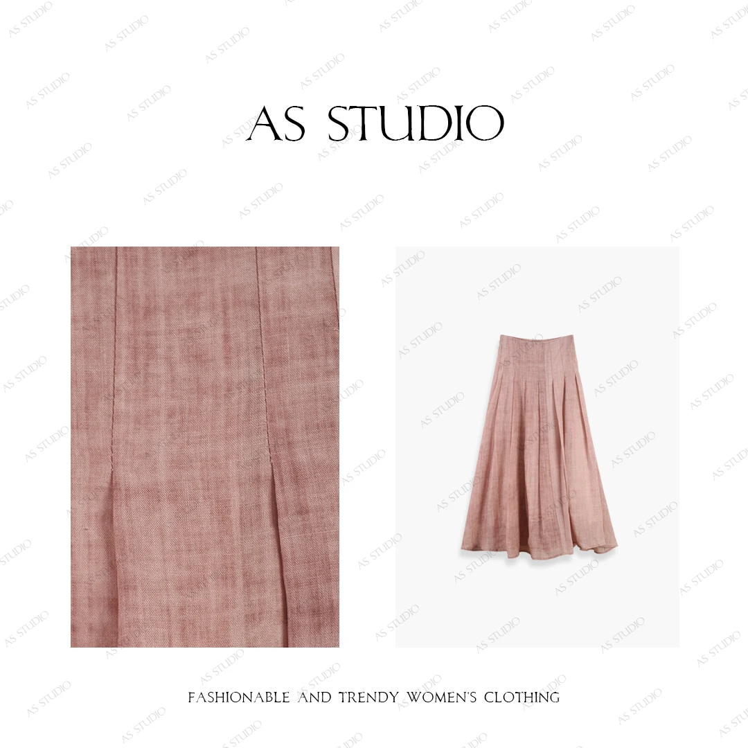 【AS粉藕荷】25新仙女感扎染亚麻松紧捏褶腰休闲半身裙AS25XBQ00731