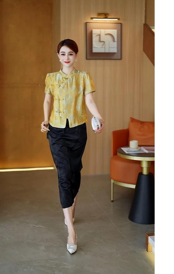 【缎面小衫+黑色半裙】夏款贵妃金撞色花纹新中式斜襟盘扣两件套裙