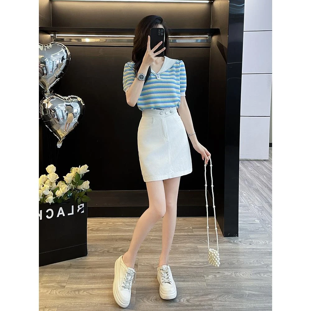 高级感炸街财阀千金女装时尚套装女夏季条纹气质上衣半身裙两件套