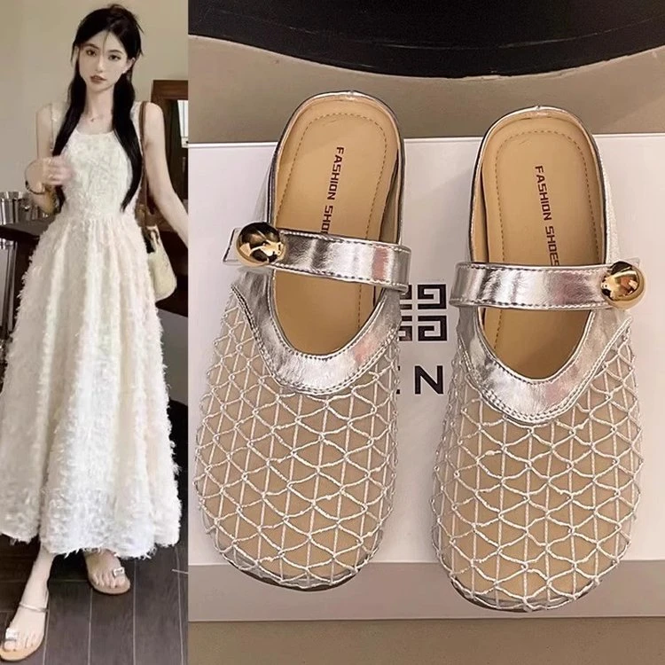 平底修面拼色绝美小妈配裙子包头拖软底凉拖时尚ins风