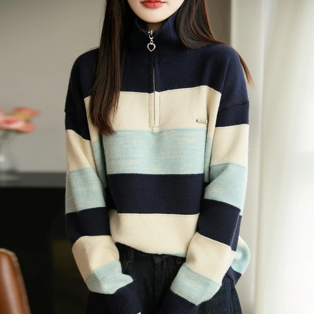 特大码女装胖mm秋冬大码半高领女士条纹毛衣高级感内搭针织打底衫