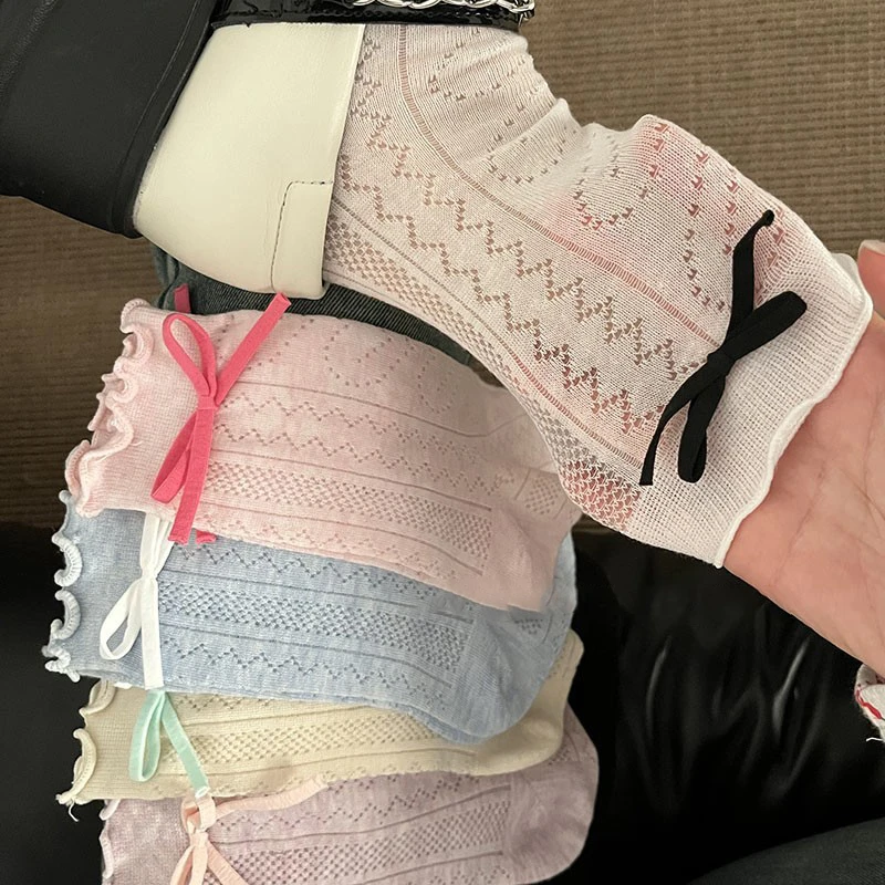 NYNK韩系感春季新款爆款蝴蝶结装饰花边袜口吸汗透气花纹网眼袜子