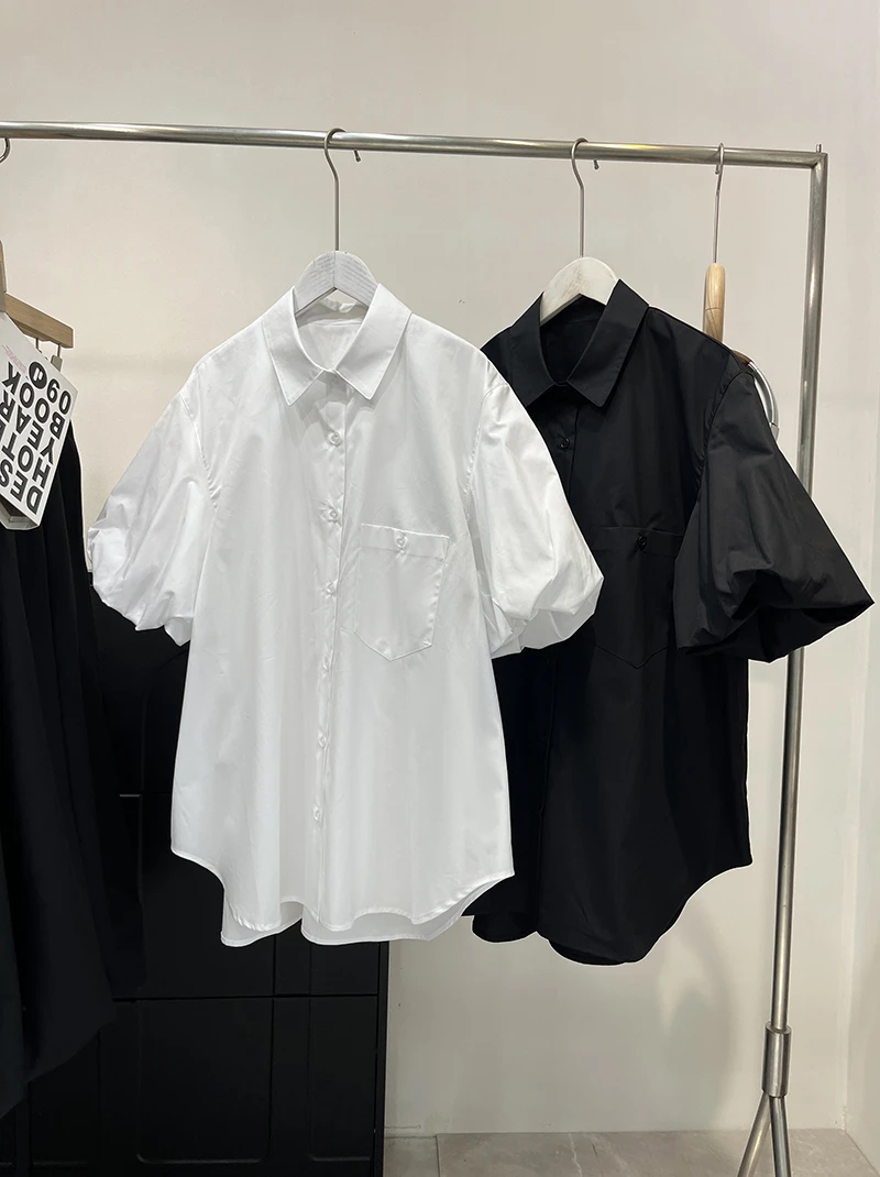 B！优雅花苞袖~高支全棉 遮肉廓型宽松短袖衬衫 5635 女装 H5979