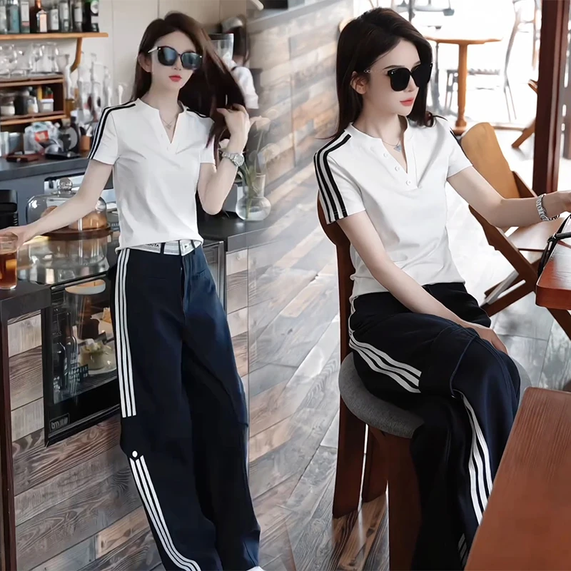 2025夏季个性三条杠v领短袖t恤高腰直筒裤子网红炸街韩版两件套装