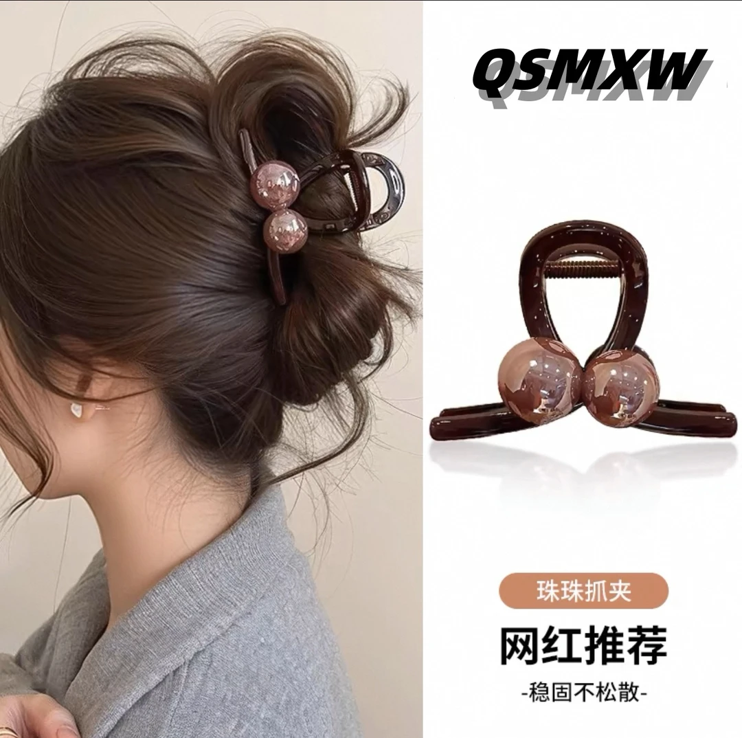 夏日复古咖色珠珠新款大号鲨鱼夹发夹后脑勺抓夹刘海氛围感上班族