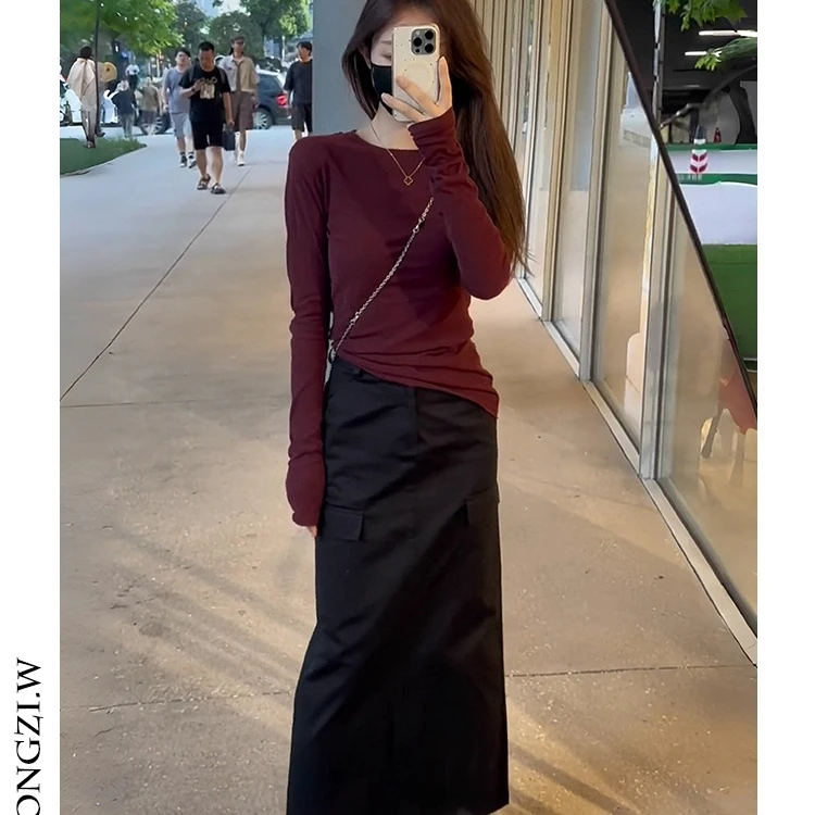 早秋穿搭套装气质简约修身打底T恤女气质高腰显瘦工装休闲半身裙