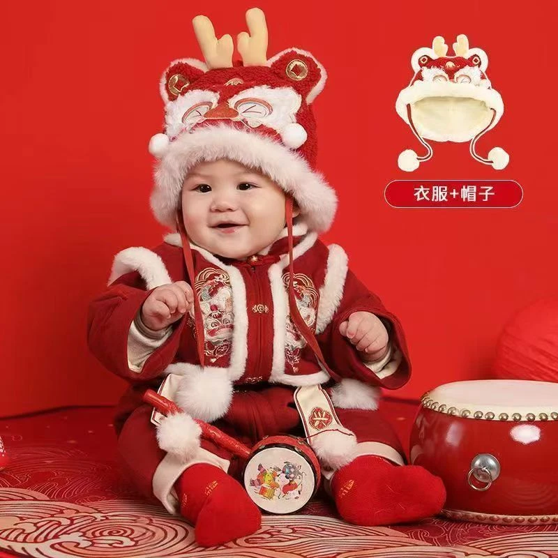 婴儿连体衣冬款加绒加厚哈衣男女宝宝抓周礼服周岁新年喜庆拜年服